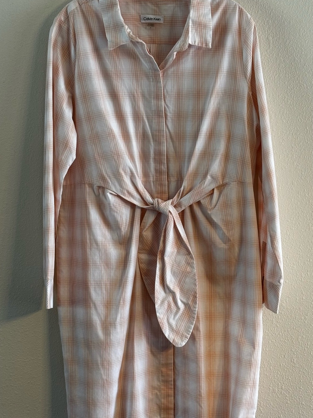 EUC Calvin Klein Peach and White Plaid Tie-Waist Long Sleeve Midi Dress Size 14